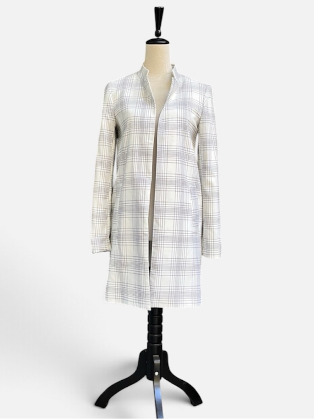 Carolina Belle Montreal Open Front Longline Jacket in Gray/White Plaid Sz XS